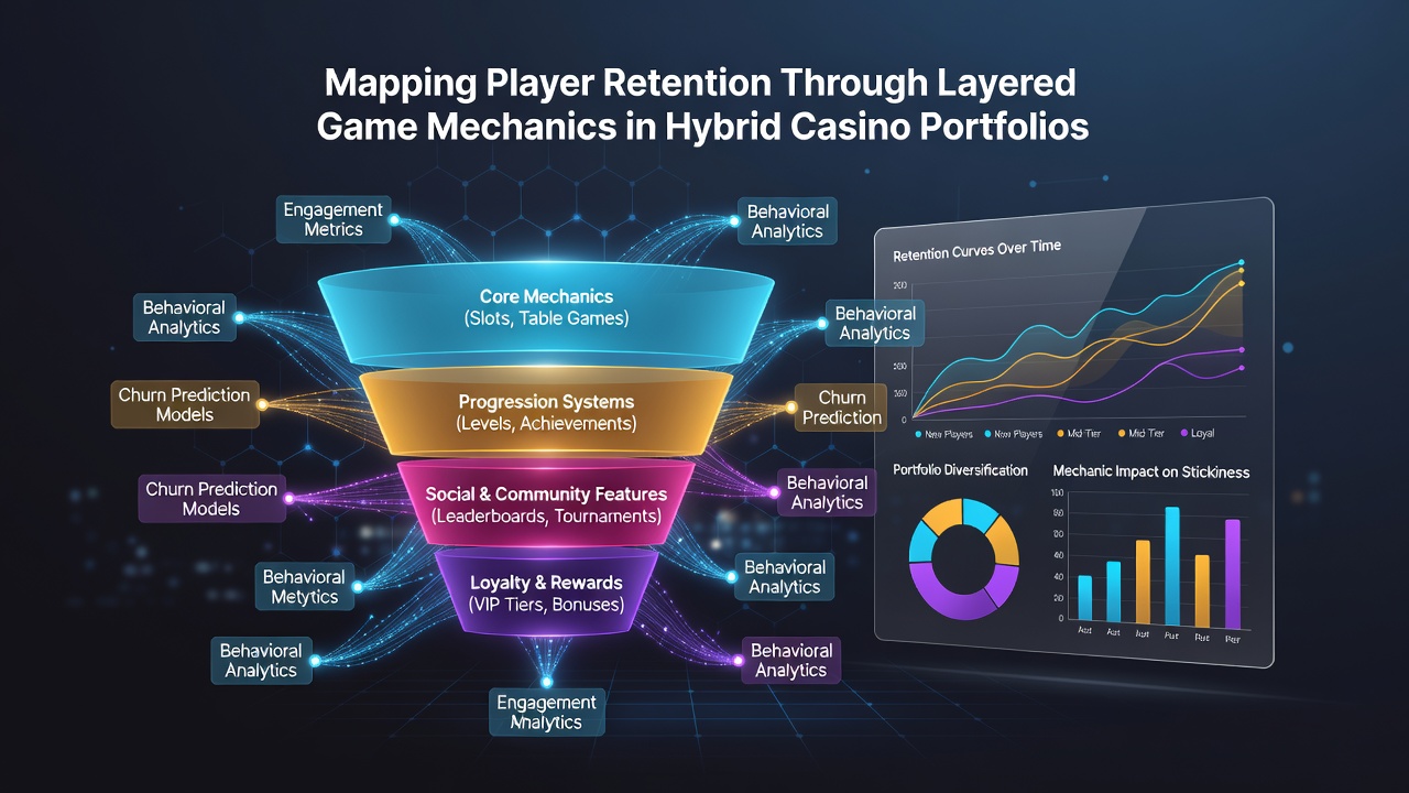 Analytics dashboard displaying player retention curves and layered mechanic engagement metrics across hybrid casino products
